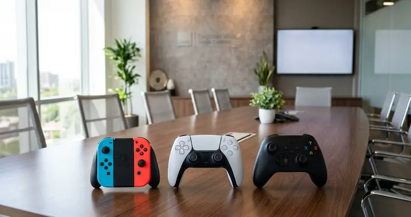 在現代化會議室中並排的任天堂、PlayStation 及 Xbox 遊戲手把，象徵全平台開發趨勢